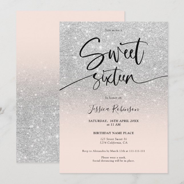 Glam chic silber Glitzer ombre mädchenrosa Sweet 1 Einladung (Vorne/Hinten)