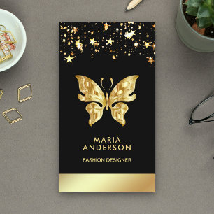 Glam Chic Stars Confetti Black Gold Butterfly Visitenkarte