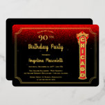 Glam Chicago Sign 90th Birthday Foil Einladung<br><div class="desc">Elegantes und glamouröses Chicagoer Schild und Text 90. Geburtstag Einladung Design auf einem Imitat Glitzer rot und schwarz Hintergrund mit Imitate Glitzern. Composite Design von Holiday Hearts Designs.</div>