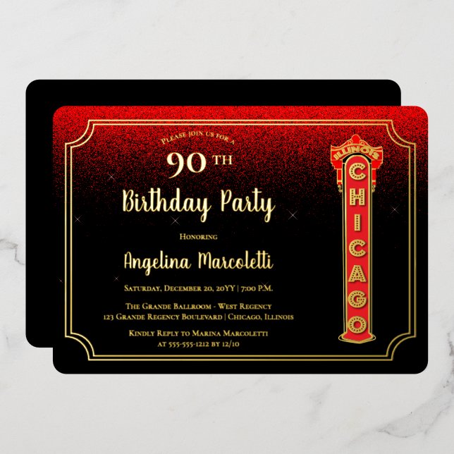 Glam Chicago Sign 90th Birthday Foil Einladung (Vorderseite/Rückseite)