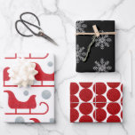 Glam Christmas Santa Sleigh Snowflake Dot Glitzer Geschenkpapier Set<br><div class="desc">Dieses trendige Set aus drei Packpapier-Blättern zeichnet sich durch einzigartige Fake-Glitzer-Muster aus, die perfekt für Weihnachten oder Feierlichkeiten geeignet sind. Die erste Tabelle zeigt die Silhouetten des Schlittens in Silber und Rot auf weißem Hintergrund. Die zweite ist mit silbernen Schneeflocken auf schwarz, während die dritte mit kühnen, glänzenden roten Polka-Punkten...</div>