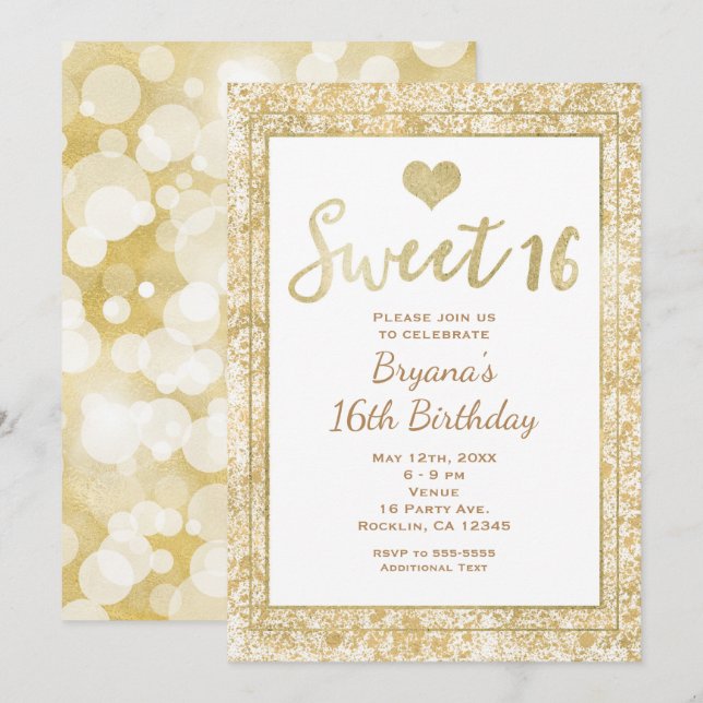 Glam Coeur Blanc & Or SWEET 16 Invitation de parti (Devant / Derrière)