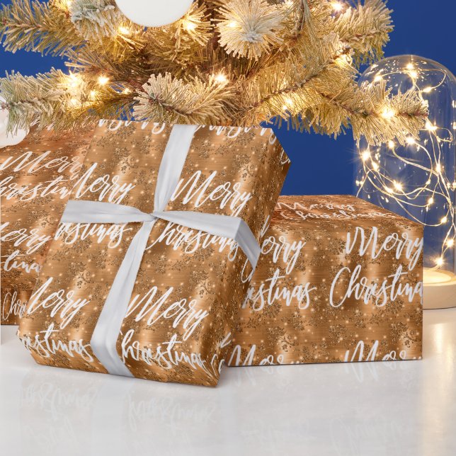 Glam Copper Floral Glitzer Frohe Weihnachtsschrift Geschenkpapier (Feiertage)