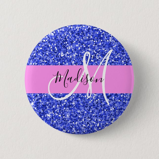 Glam Dark Blue Pink Glitzer Glitzern Name Monogram Button (Vorderseite)