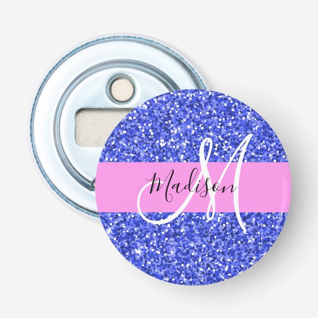 Glam Dark Blue Pink Glitzer Glitzern Name Monogram Flaschenöffner (Vorderseite)