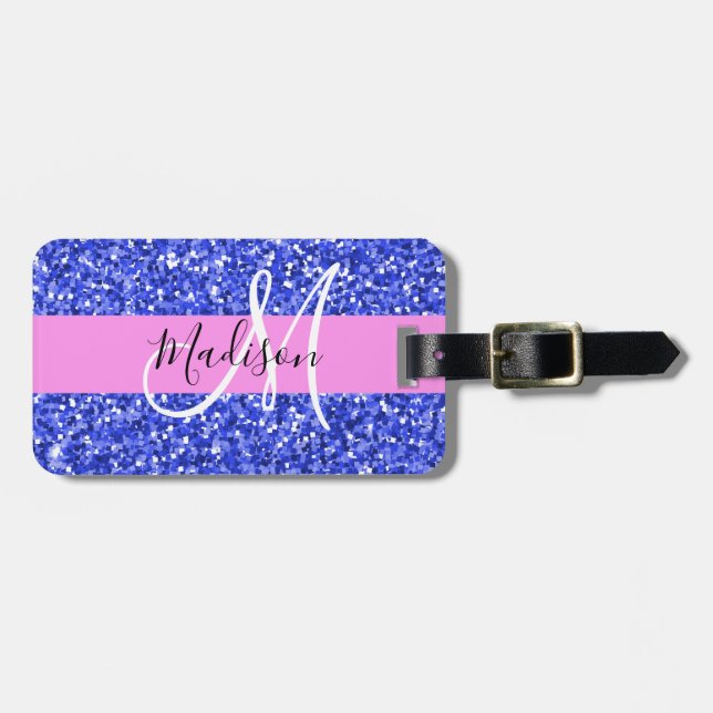 Glam Dark Blue Pink Glitzer Glitzern Name Monogram Gepäckanhänger (Vorderseite horizontal)