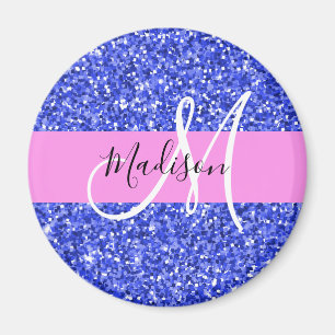 Glam Dark Blue Pink Glitzer Glitzern Name Monogram Magnet