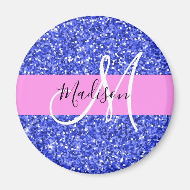 Glam Dark Blue Pink Glitzer Glitzern Name Monogram Magnet (Vorne)