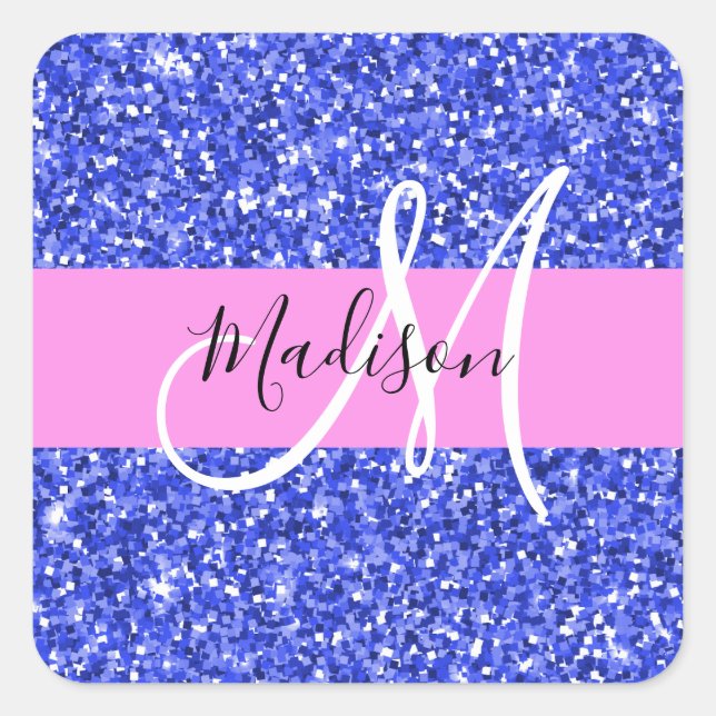 Glam Dark Blue Pink Glitzer Glitzern Name Monogram Quadratischer Aufkleber (Vorderseite)