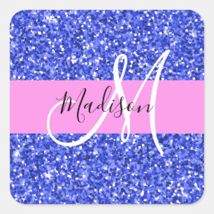 Glam Dark Blue Pink Glitzer Glitzern Name Monogram Quadratischer Aufkleber