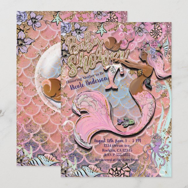 Glam Dark Ethnic Prego Mermaid Glitzer Babydusche Einladung (Vorne/Hinten)