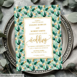 Glam Deep Green Gold Blätter Hochzeit Einladung