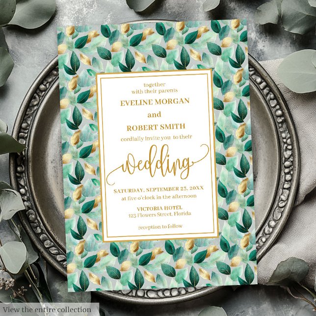 Glam Deep Green Gold Blätter Hochzeit Einladung (Glam Deep Green Gold Leaves Wedding Invitation)