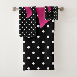 Glam Deep Pink Bow-White Polka Dots Black Badhandtuch Set