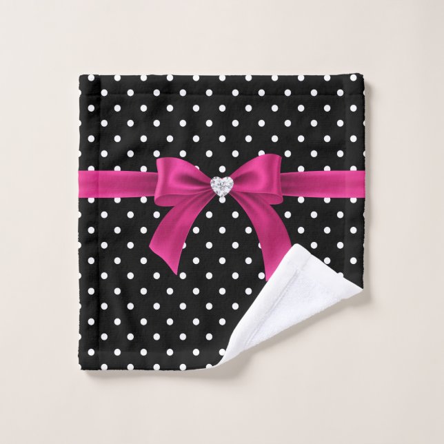 Glam Deep Pink Bow-White Polka Dots Black Badhandtuch Set (Waschlappen)