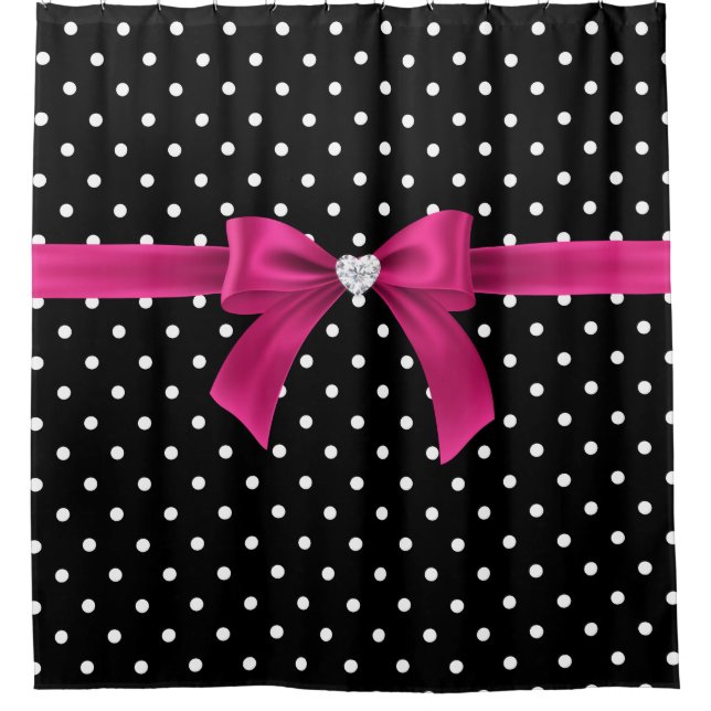 Glam Deep Pink Bow-White Polka Dots Black Duschvorhang (Vorderseite)