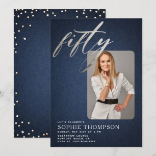 Glam Denim Diamonds Blue White 50. Geburtstag Foto Einladung