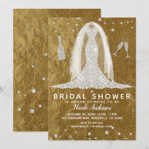 Glam-Diamant-Hochzeitskleid Gold-Brautparty Einladung