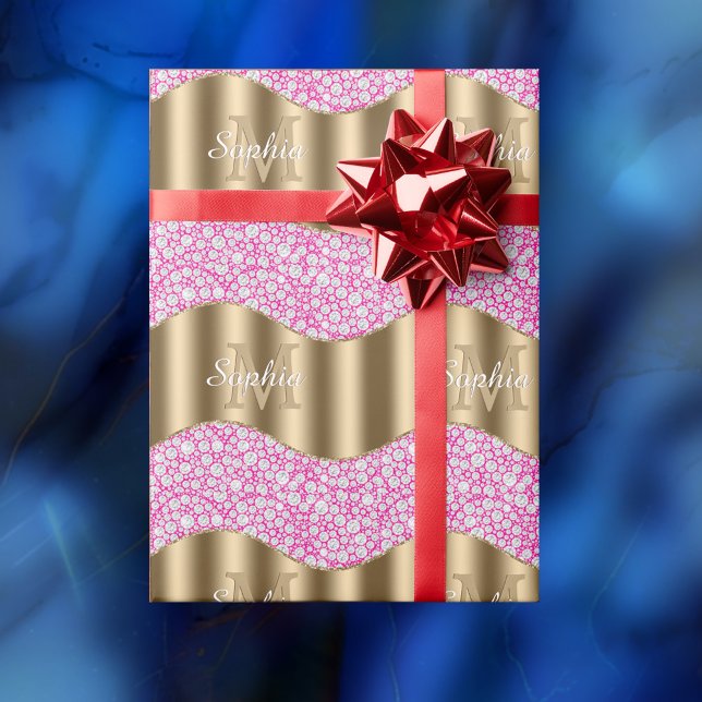 Glam Diamanten Fuchsia, Gold Monogramm, Schriftnam Geschenkpapier (Von Creator hochgeladen)