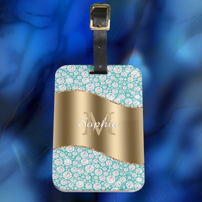 Glam Diamonds auf Aquamarin, Gold Monogram, Script Gepäckanhänger (Von Creator hochgeladen)