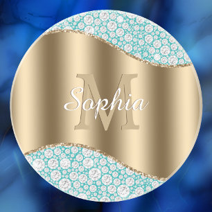 Glam Diamonds auf Aquamarin, Gold Monogram, Script Getränkeuntersetzer