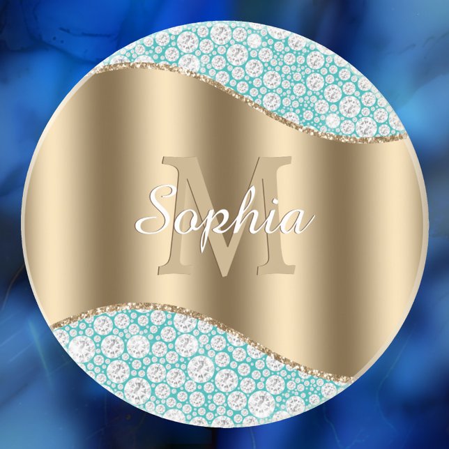 Glam Diamonds auf Aquamarin, Gold Monogram, Script Getränkeuntersetzer (Von Creator hochgeladen)