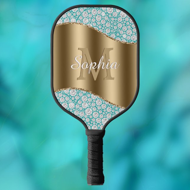 Glam Diamonds auf Aquamarin, Gold Monogram, Script Pickleball Schläger (Von Creator hochgeladen)