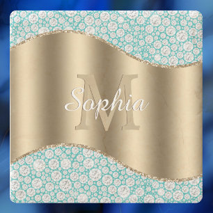 Glam Diamonds auf Aquamarin, Gold Monogram, Script Steinuntersetzer