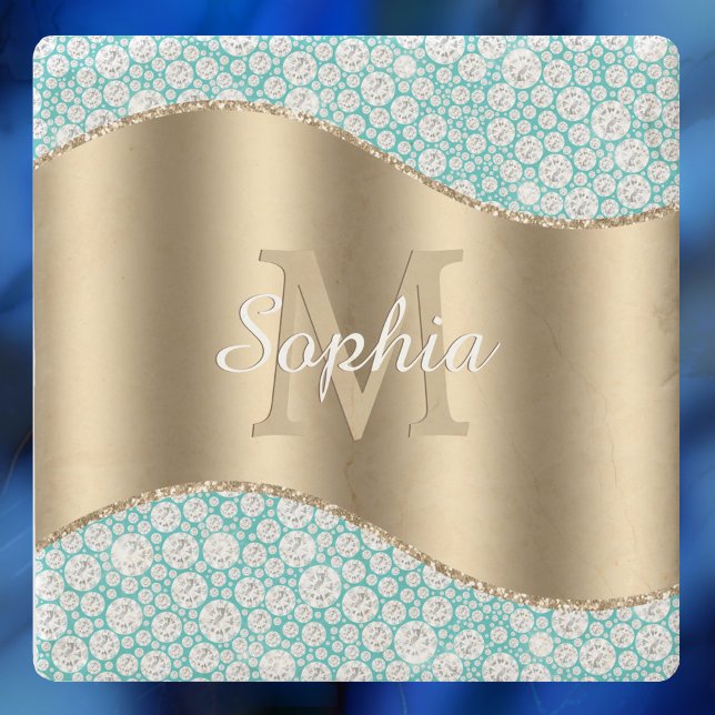 Glam Diamonds auf Aquamarin, Gold Monogram, Script Steinuntersetzer (Von Creator hochgeladen)