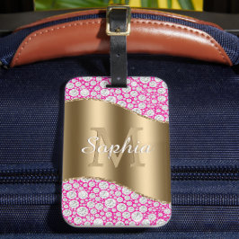 Glam Diamonds Fuchsia, Gold Monogram, Skriptname Gepäckanhänger