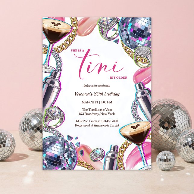 Glam Disco Espresso Martini Pink Birthday Party Einladung (A Tini Bit Older Espresso Martini Disco Glam Pink 30th Birthday Invitation)