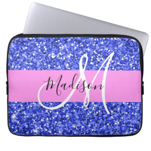 Glam Dunkelblau Pink Glitter Funkeln Name Monogram Laptopschutzhülle