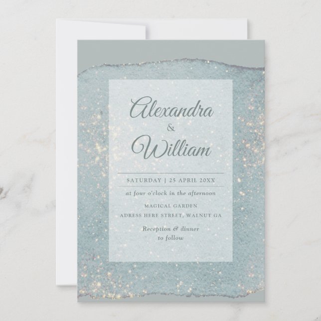 Glam Dusty Blue Glitzer Modernes Pastell Blue Gold Einladung (Vorderseite)