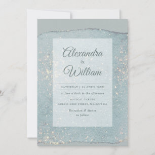 Glam Dusty Blue Glitzer Modernes Pastell Blue Gold Einladung