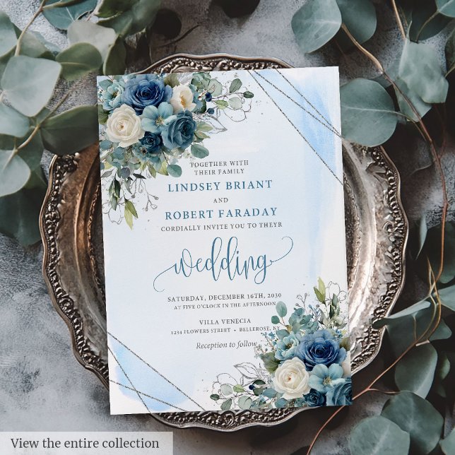 Glam Dusty Blue Silver Frame Wedding Einladung (Glam Dusty Blue Silver Frame Wedding Invitation)
