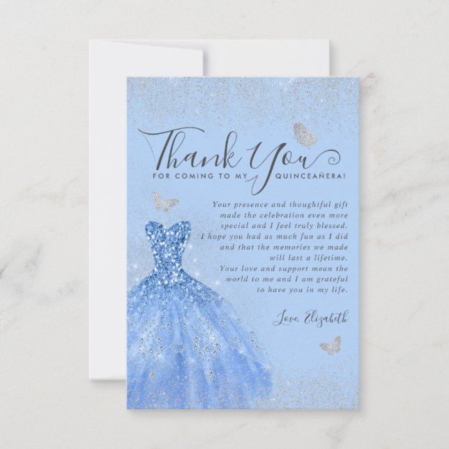 Glam Dusty Blue Silver Glitzer Dress Quinceanera Dankeskarte (Vorderseite)