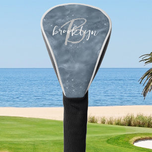 Glam Dusty Blue Stardust Glitzer Script Monogram Golf Headcover