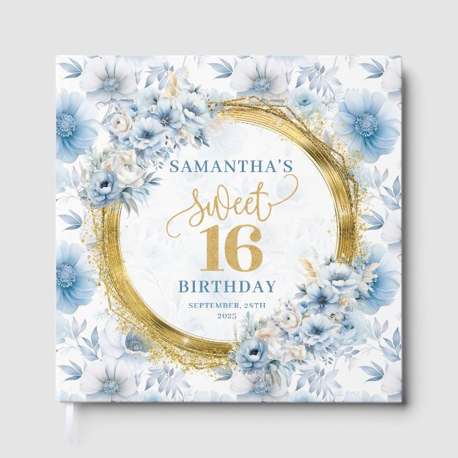 Glam Dusty Blue Sweet 16 Gästebuch mit Glitzer (Vorderseite)