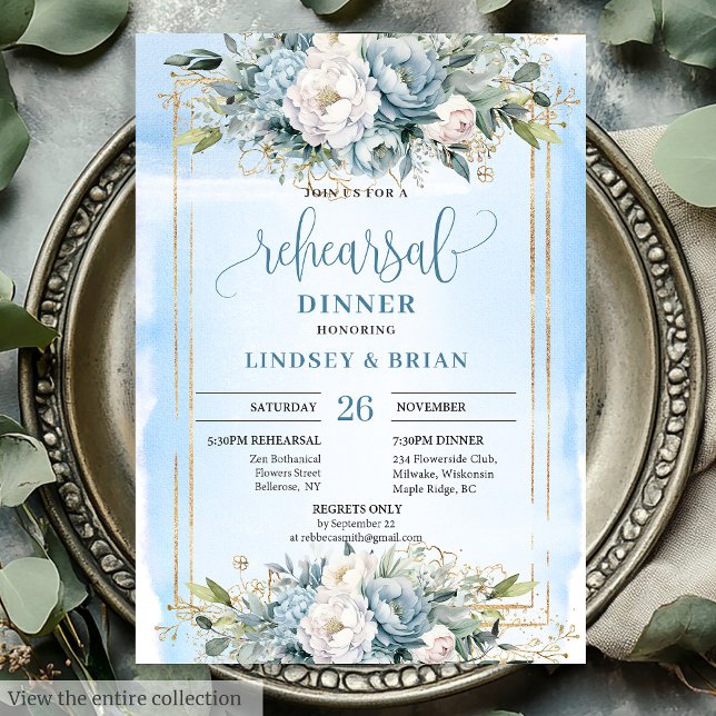 Glam Dusty Blue White Floral Gold Probe Einladung (Glam Dusty Blue White Floral Gold Rehearsal Invite)