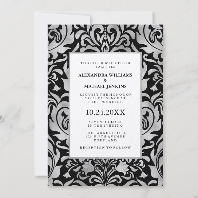 Glam Elegant Luxe Silver Damask auf Schwarzer Hoch Einladung (Vorderseite)