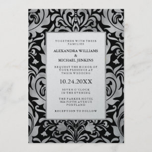 Glam Elegant Luxe Silver Damask auf Schwarzer Hoch Einladung