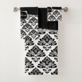 Glam Elegant Schwarz-weiß Damask Diamonds Badhandtuch Set