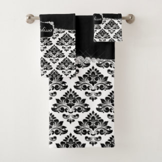 Glam Elegant Schwarz-weiß Damask Diamonds Badhandtuch Set