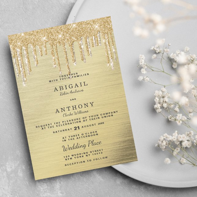 Glam elegante Gold Glitzer Tropfen Weiße Hochzeit Einladung (Glam elegant gold glitter drips white wedding)