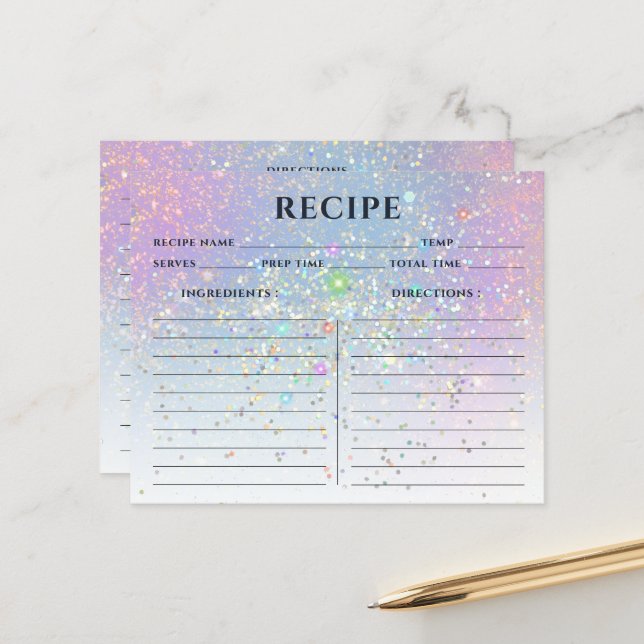 Glam Elegante Holographic Gold Glitzer Rezept Card (Vorderseite/Rückseite Beispiel)