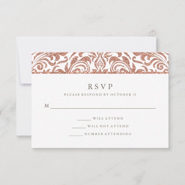 Glam Elegante Imitate Rose Gold Glitzer Damask UAW RSVP Karte (Vorderseite)