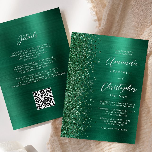 Glam Emerald Green Brushed Metal QR Code Hochzeit Einladung (Von Creator hochgeladen)