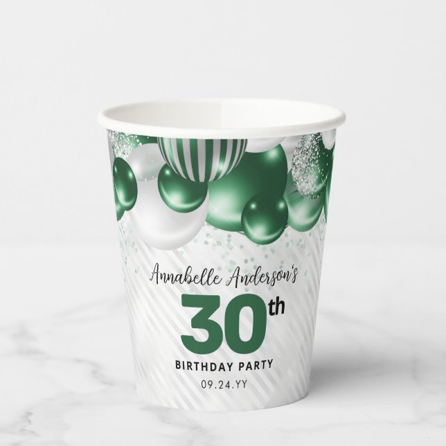 Glam Emerald Green Silver Ballon Glitzer Geburtsta Pappbecher (Links)