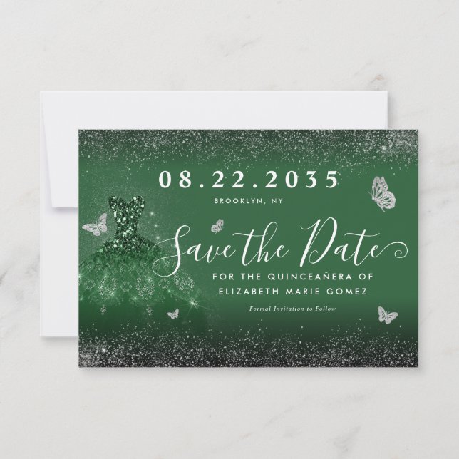 Glam Emerald Green Silver Glitzer Gown Quinceanera Save The Date (Vorderseite)