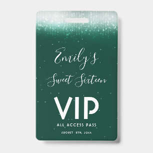 Glam Emerald Sweet 16 Einladung VIP Pass Abzeichen Ausweis